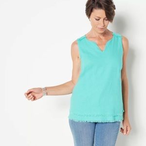 Susan Graver Washed Aqua Linen Blend Sleeveless Top w/ Frayed Hem, Size M
